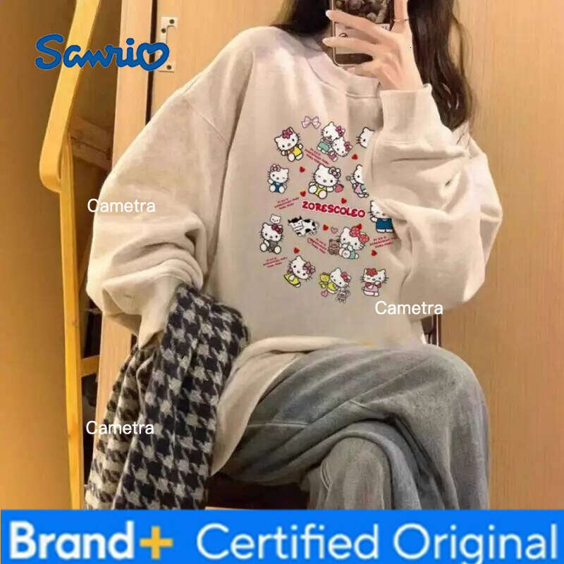 Sanrio Kawaii Hello Kittys Fresh Cute American Style Retro Spring Autumn College All-Match Add Velvet Hoodie Long Sleeves T-Shirt Girl H260112