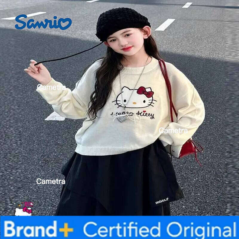 Sanrio Hello Kitty knitted Girls Kawaii Y2k Anime Children's Clothing Winter Oversized Child Casual Pullover Crew Neck top H260112