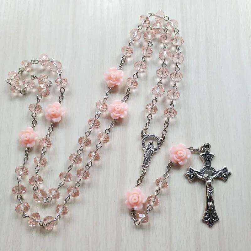 QIGO Pink Rose Crystal Rosary Catholic Vintage Cross Pendant Long Necklace Religious Jewelry H260112