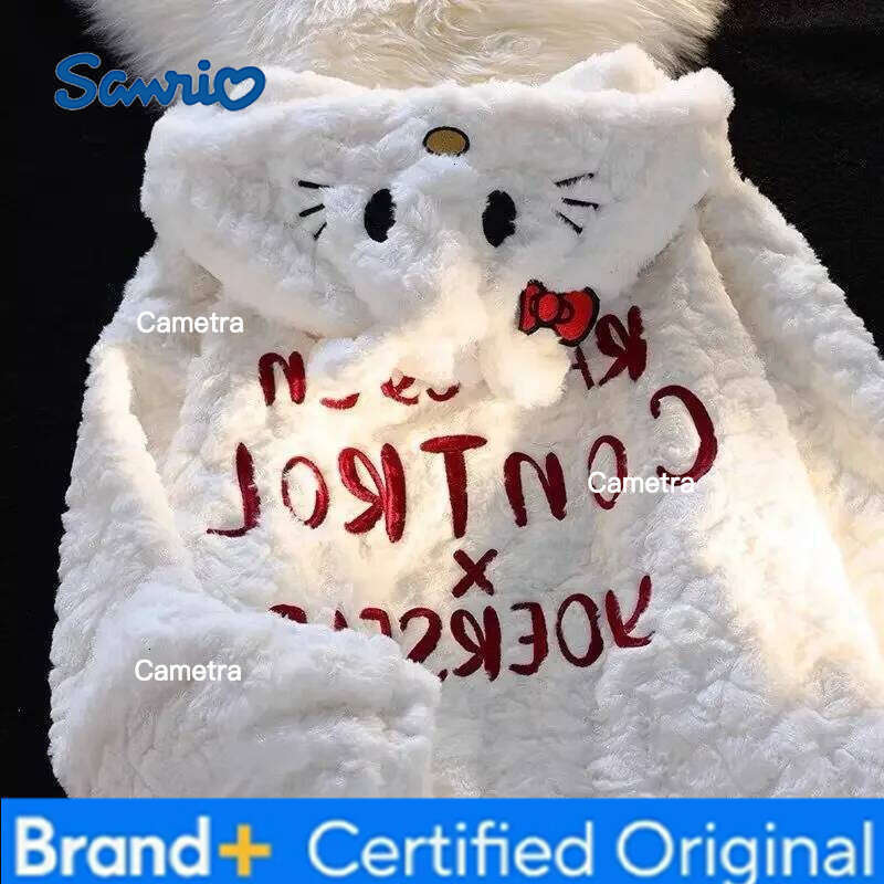 Sanrio Hot Kawaii Hello Kitty Hooded Sweatshirt Girls Long-Sleeved Tops Cute Pure White Cotton Loose Furry Zipper Jacket Winter Wear H260112