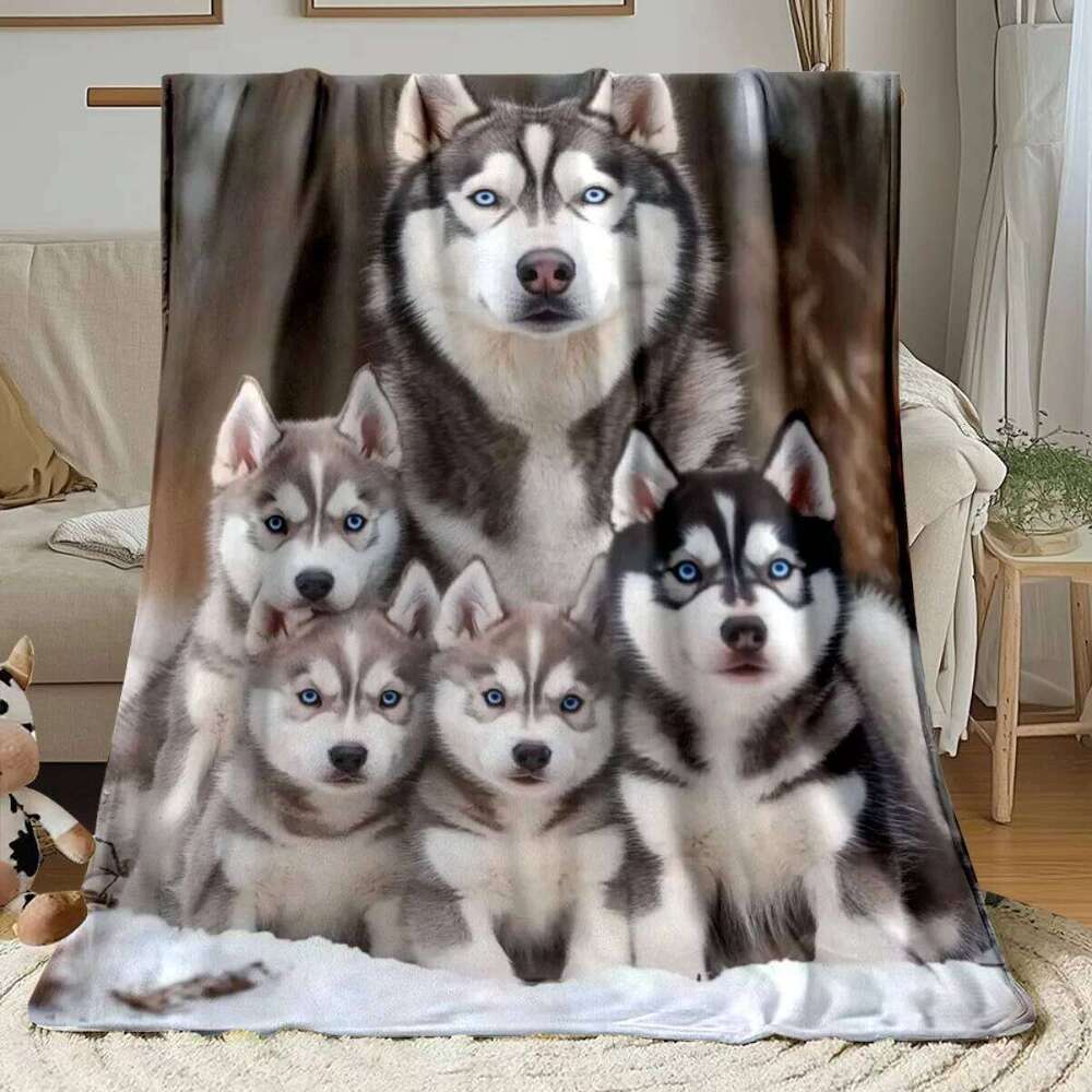 Husky Family Chiffon Blanket, Lightweight Portable Throw for Travel, Soft Warm Winter Design, All Season Cozy Home Decor XJ260112