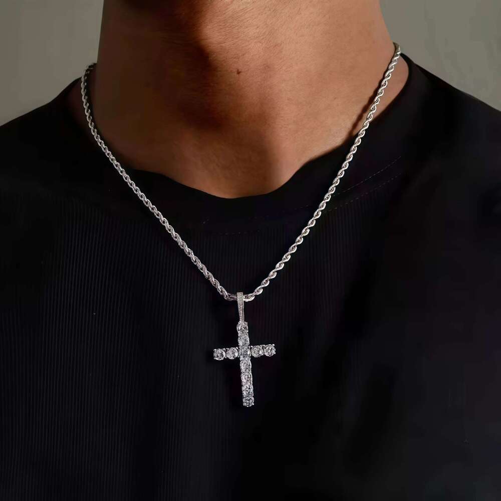 iced Out Crystal Zircon Cross Pendant Necklace Silver Plated Twisted Chain Necklaces For Men Women, with a complimentary gift H260112