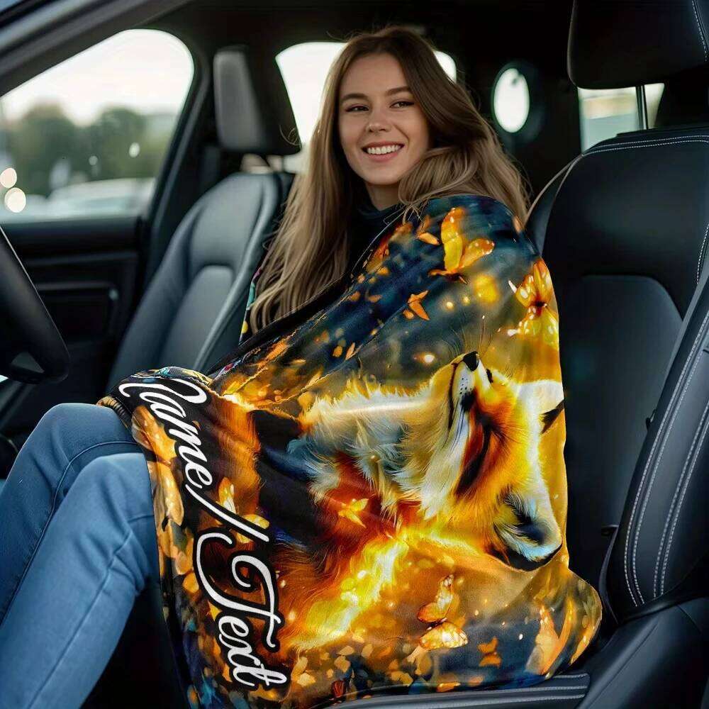 Winter New Custom Name Glam Flannel Throw Blanket with Fox & Butterfly Design Warm for Home Sofa Bed Travel Camping Office XJ260112