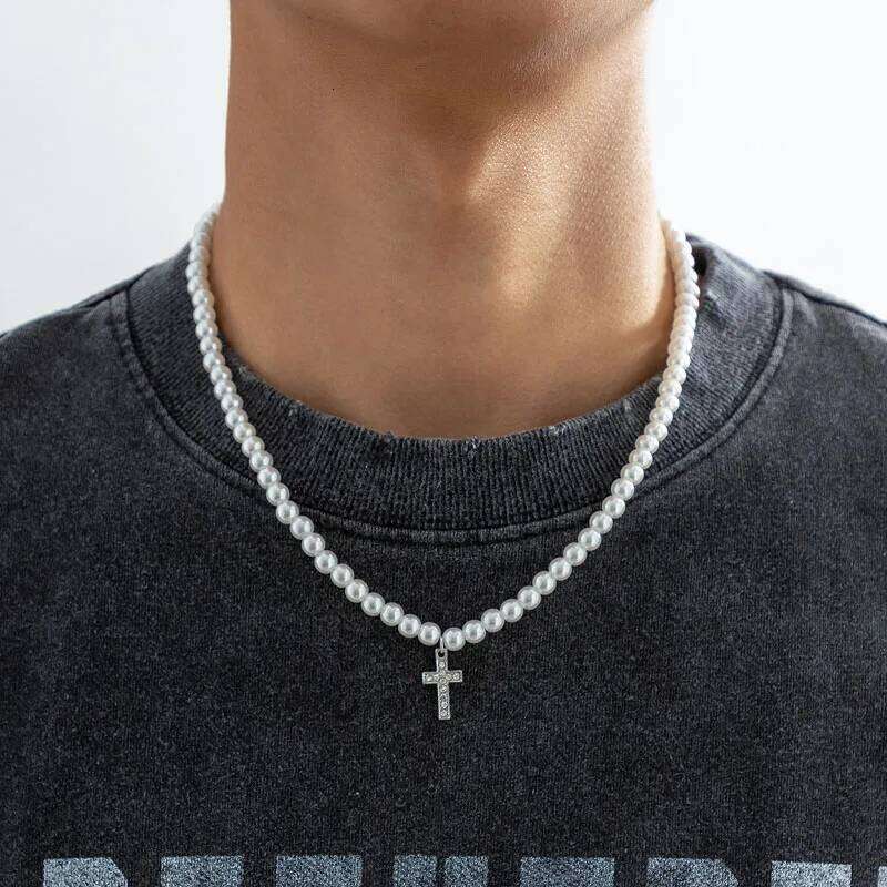Cool Y2K Neck Chains for Men Korean Fashion Necklace Cross Pendant with Rhinestone Teenager Pearl Choker Jewelry H260112