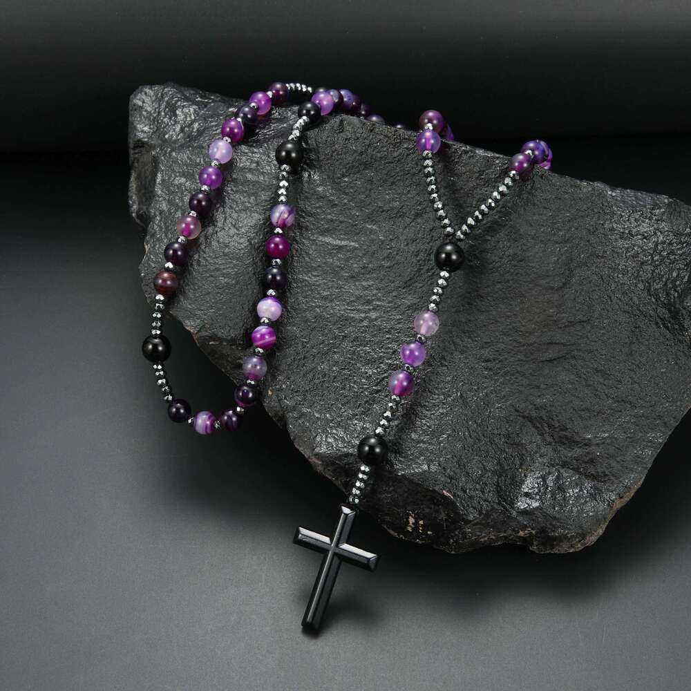 Fashion Gemstone Purple Green Round Beads Beaded Cross Pendant Rosary Necklace for Men and Women Prayer Gift H260112