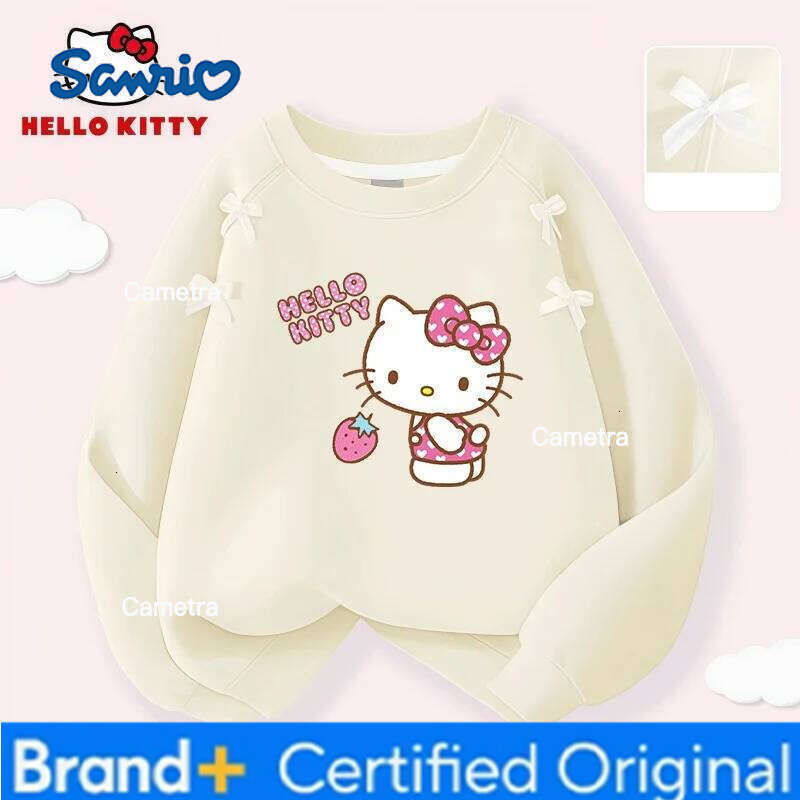 Sanrio Hello Kitty Kids Crew-neck Hoodies Girl Beige Trendy Bow Decor Sweatshirt Autumn Winter Breathable Comfortable Pullover H260112