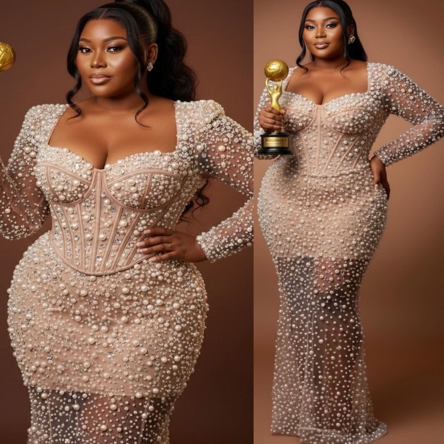 Aso Ebi Champagne Sheath Prom Dresses 2026 Pearls Illusion Sequined Evening Formal Party Second Birthday Engagement Gowns Dress For Special Occasions