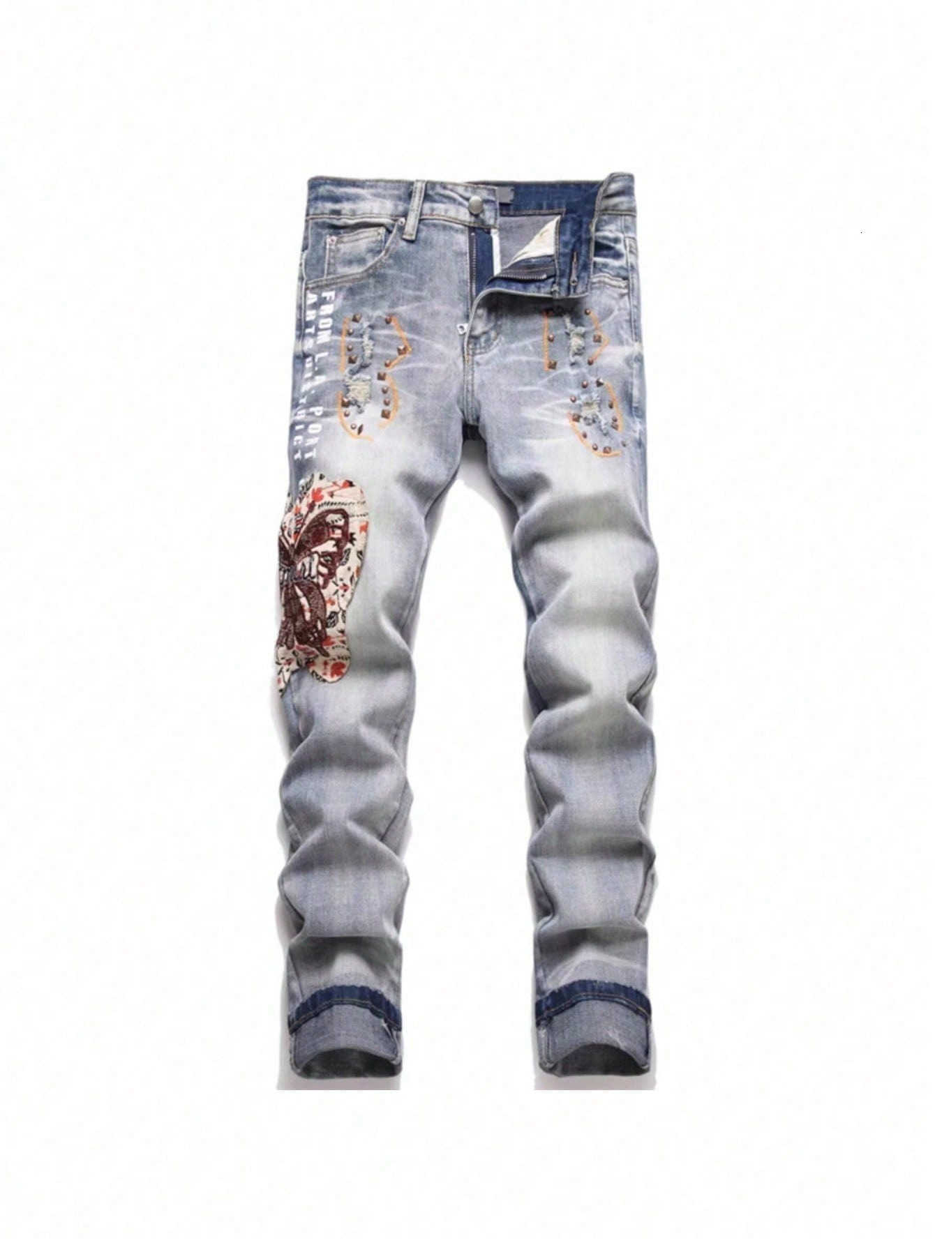Men Snake Embroidery Denim Jeans Streetwear Ripped Patch Pants Slim Tapered Stretch Trousers X250812