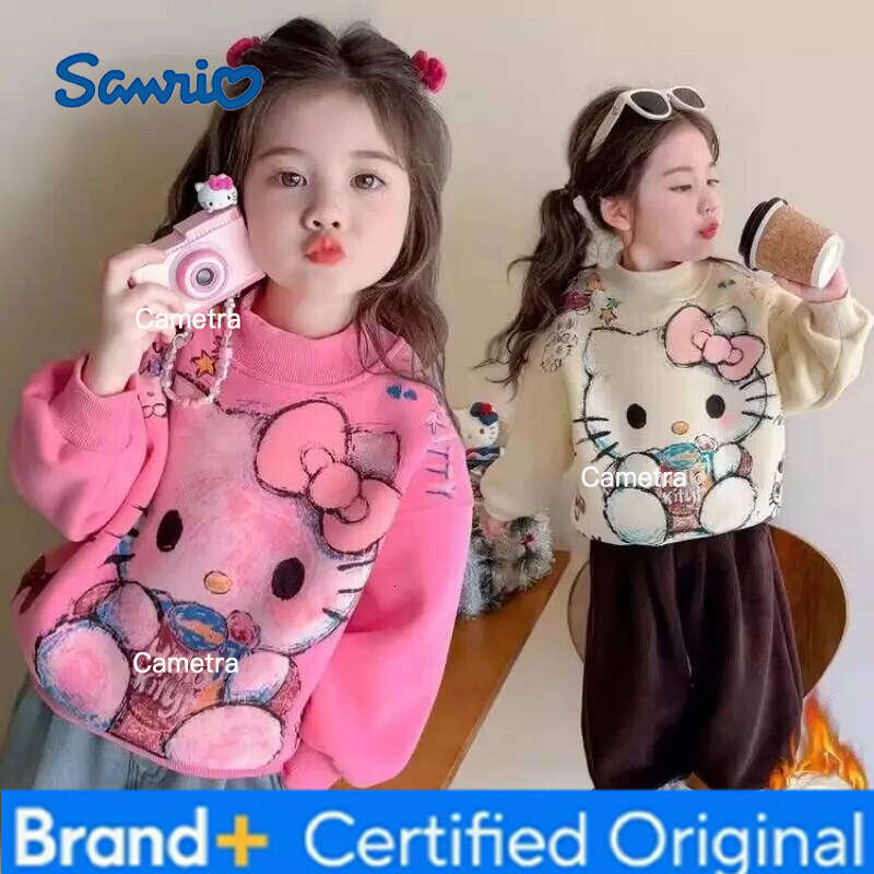 Sanrio Hello Kitty Kid Plush Sweatpants Anime Autumn Winter Round Collar Bottoming Shirt Cartoon Thickened Pullover Girl Gift H260112