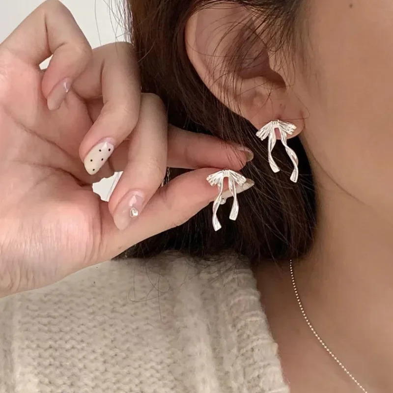 925 Sterling Silver Bow Knot Earring for Women Texture Tassels Sweet Romantic Korean Jewelry Gift Drop 260107