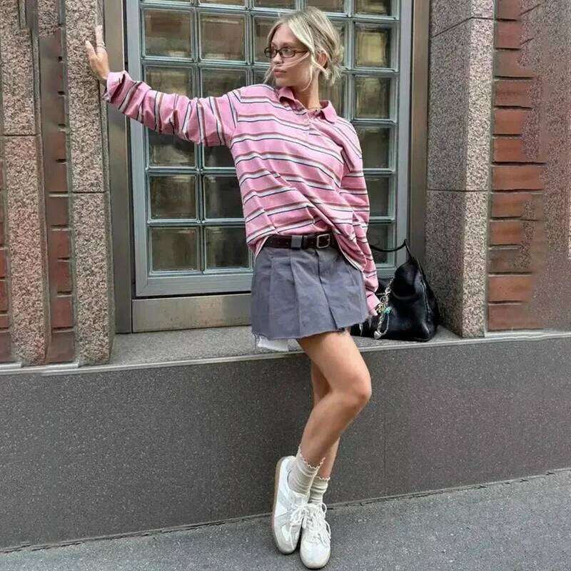 Tornova Casual Long Sleeve Striped Polo Collar Loose Women's Top Pullover Fashion Retro Print T shirt Female Autumn New