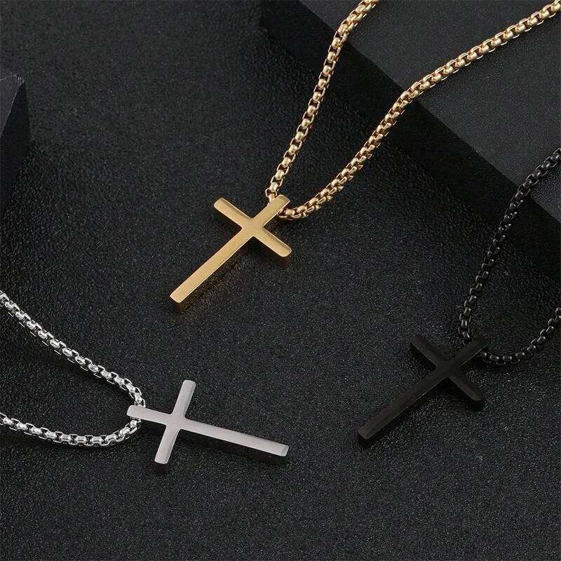 Stainless Steel Necklace for Men Boys,Silver Color Plain Cross Pendant Collar,Hiphop Classic Punk Jewelry Gift H260112