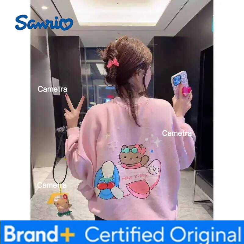 Sanrio Hot Sweet Cartoon Hello Kitty Long Sleeves Off Shoulder Girl Printing Loose Spring and Autumn Style Hoodie H260112