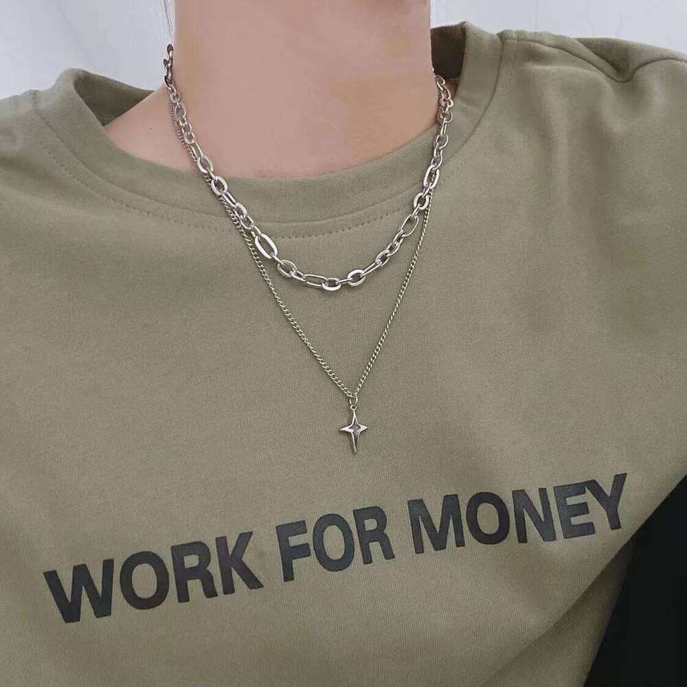 New Design Double Layer Link Chain Cross Star Necklace for Women Man Teens Trendy Punk Hip hop Stainless Steel Choker H260112