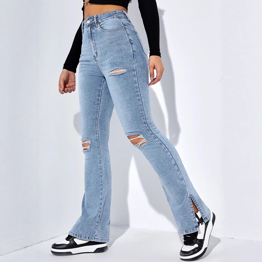 Women's Jeans--Ripped Slit Straight-Leg Pants,Women's High-Stretch Slit Slim-Fit Straight-Leg Pants--806