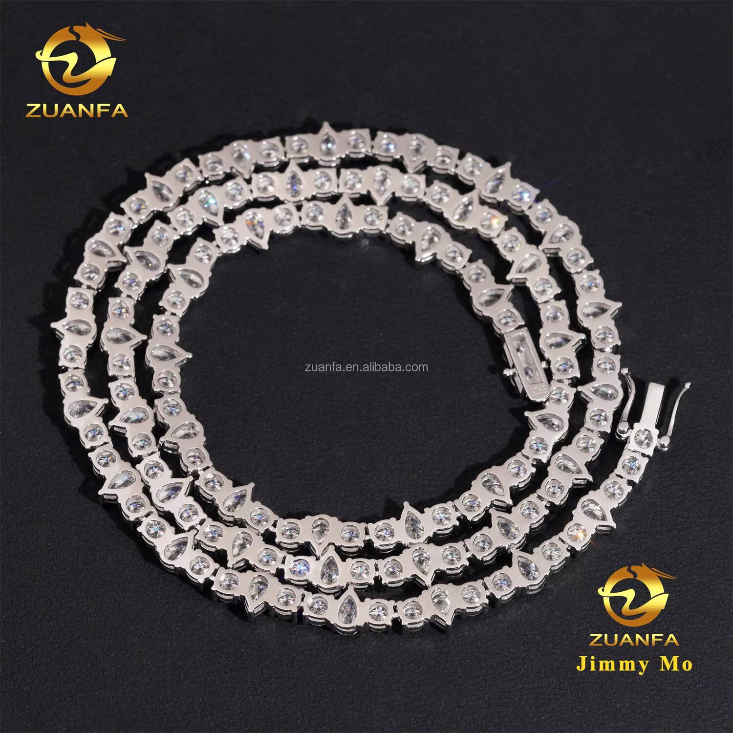 New Design Unique Elegant Style Claw Setting 4mm Upside Down 925 Solid Silver Rhodium Plated VVS Moissanite Pear Tennis Chain