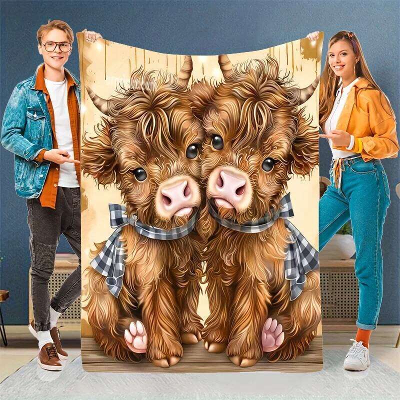 Cute Cartoon Highland Cow Flannel Blanket Soft Warm All-Season Throw | Perfect for Sofa Bed Office Travel XJ260112