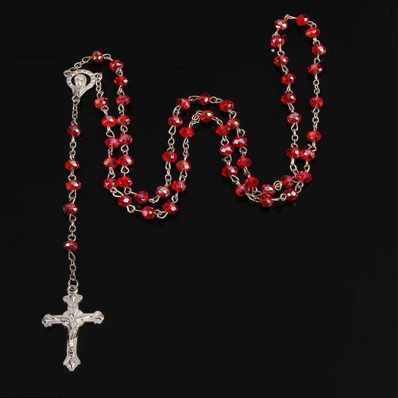 Classic 6mm Rosary Catholic Holy Site Cross Pray Necklace, Fashion Crystal Rose Necklace H260112