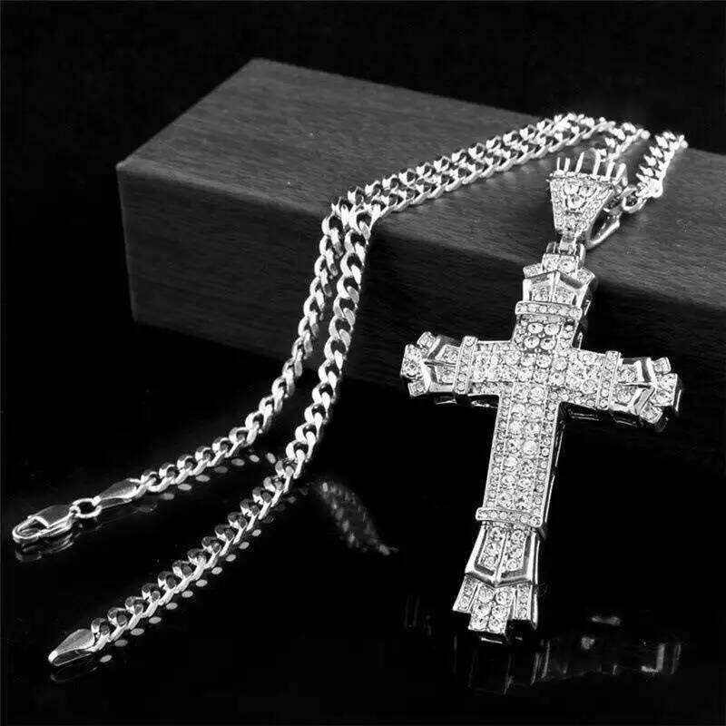 1 Simple Style Men Christian Cross Rhinestone Pendant Necklace Personality Fashion Street Domineering Chain Jewelry H260112
