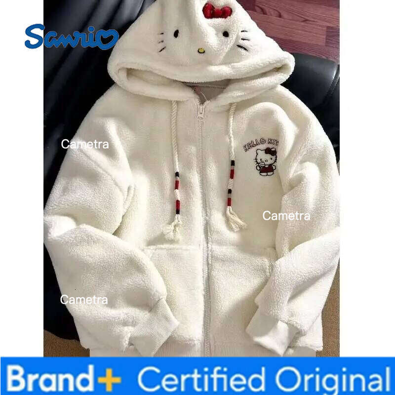 Sanrio Kt Hoodie Coat Sweatshirt Women Winter Cartoon Lamb Wool Embroidery Cute Japanese Fleece Lined Thick Warm Casual Jacket Kawaii H260112