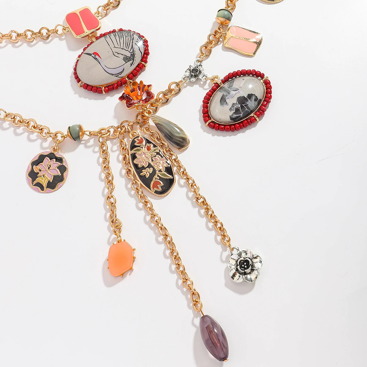 ZAA Multi-layered Painted Flowers and Cranes Ancient Style Pendant Necklace Geometric Tassel Necklace Neck Accessories 260107