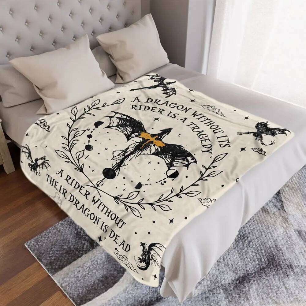 Dark Fantasy Dragon Wreath Throw Blanket - Beige Background with Stylized Black Dragon, Celestial Elements, and Heartfelt Quotes XJ260112