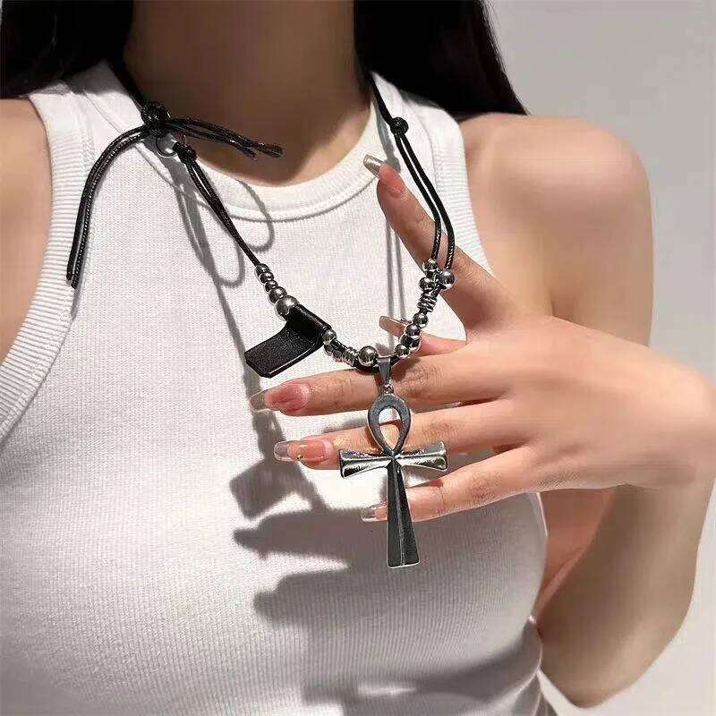 Women Punk Y2K Retro Metal Cross Pendant Necklace Girls Gothic Black Rope Long Sweater Chain Fashion Party Jewelry Gifts H260112