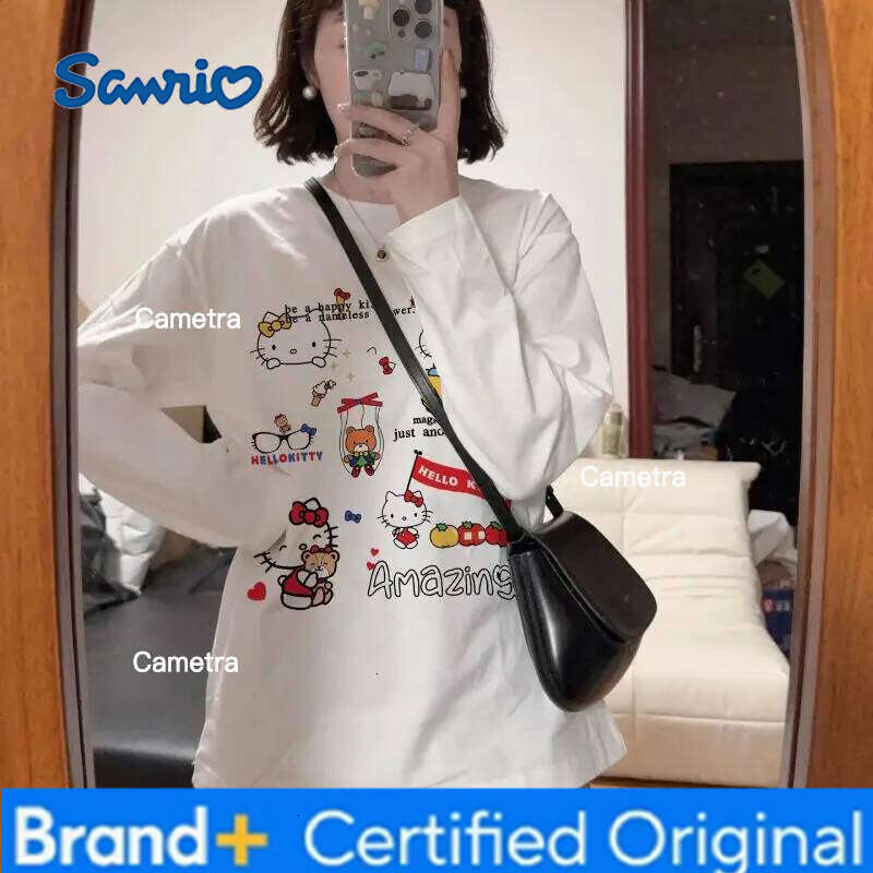 Sanrio Cute Kitty Sweet 3D Printed Round Neck Long Sleeve T-Shirt Women's Spring and Autumn Thin Loose Lazy Quick Drying Top H260112