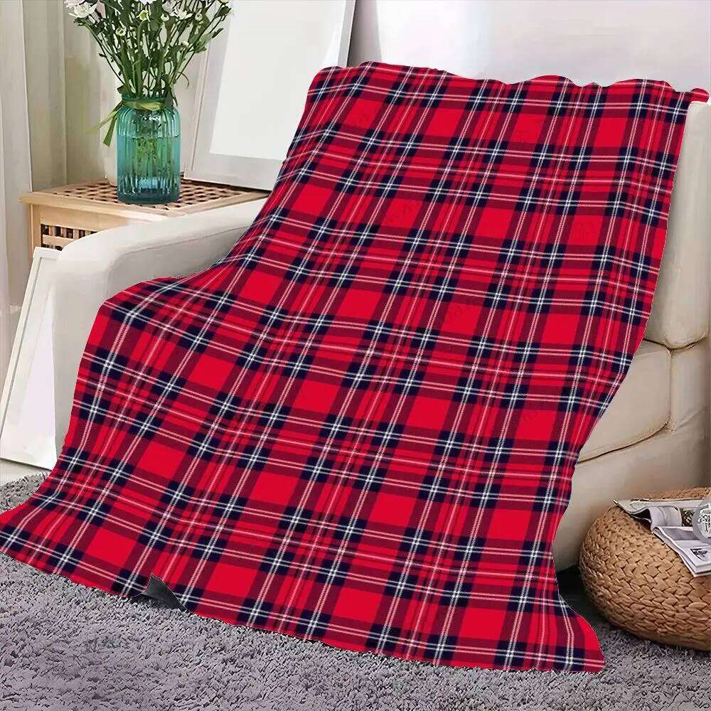 Classic Red Plaid Blanket - Cozy Throw with Black White Grid Design, Perfect for Home Decor, Soft and Warm Fleece Fabric, Id XJ260112