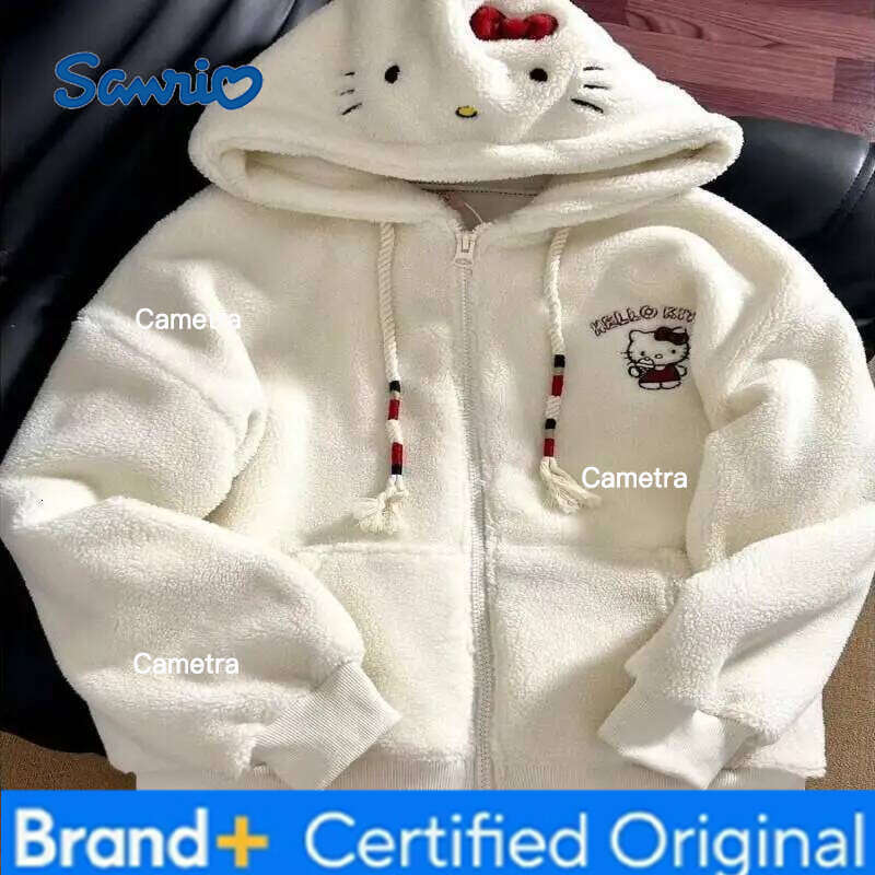 Sanrio Kt Hoodie Coat Sweatshirt Women Winter Cartoon Lamb Wool Embroidery Cute Japanese Fleece Lined Thick Warm Casual Jacket Kawaii H260112