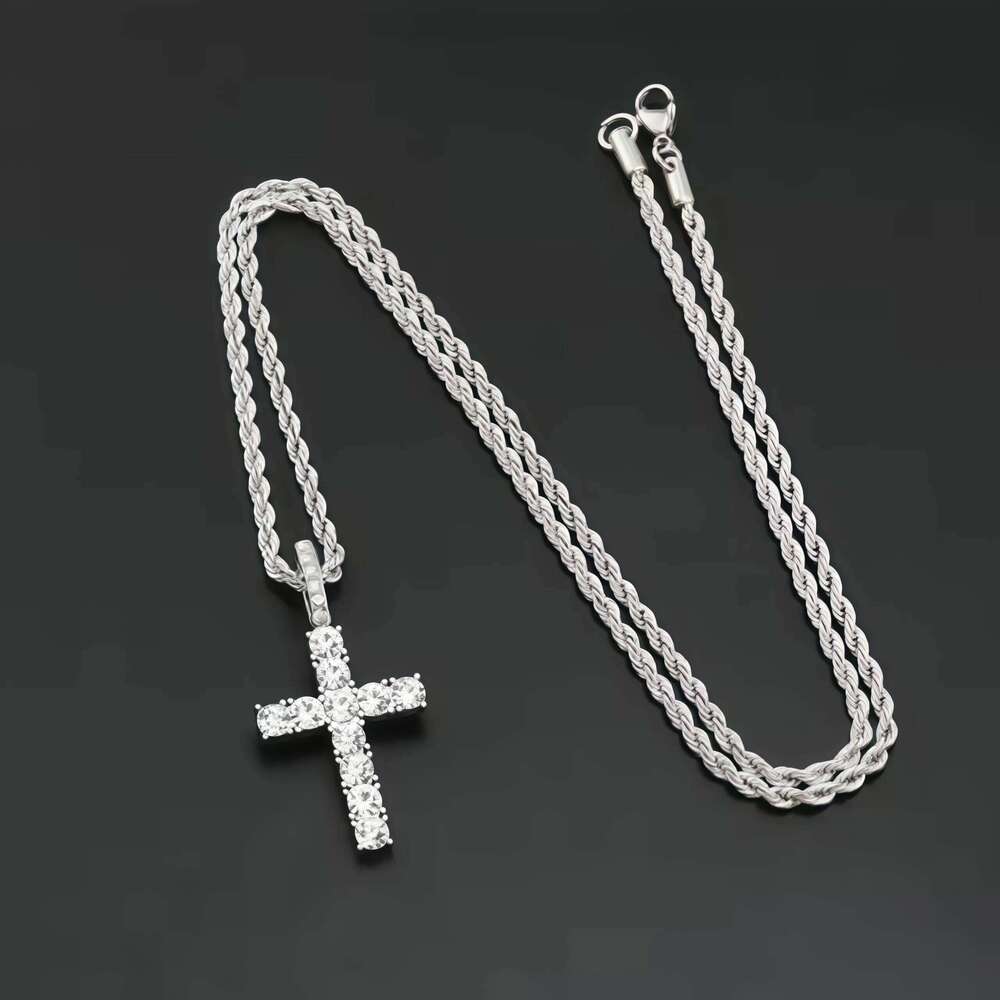 iced Out Crystal Zircon Cross Pendant Necklace Silver Plated Twisted Chain Necklaces For Men Women, with a complimentary gift H260112