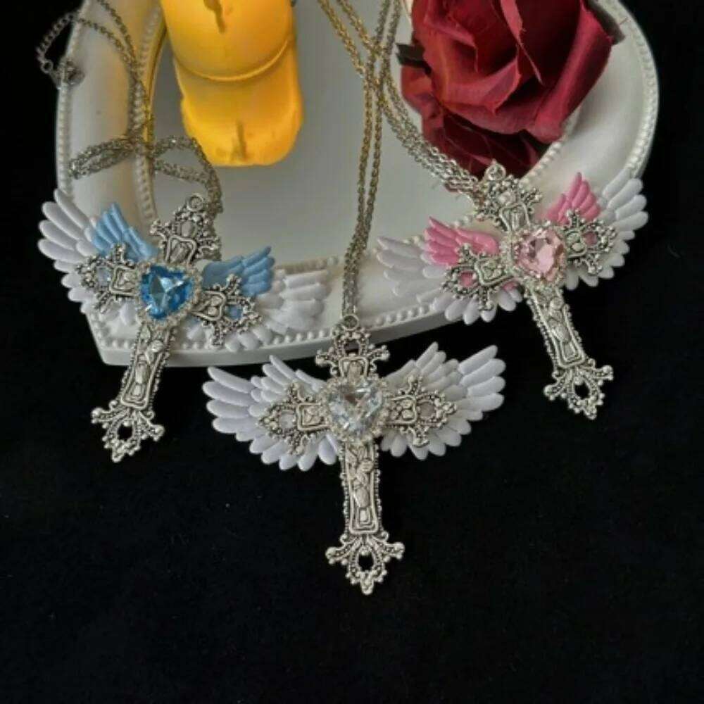 Y2K Gothic Angel Wings Cross Necklace Punk Long Chain Lolita Dark Aesthetic Choker for Women and Teens H260112