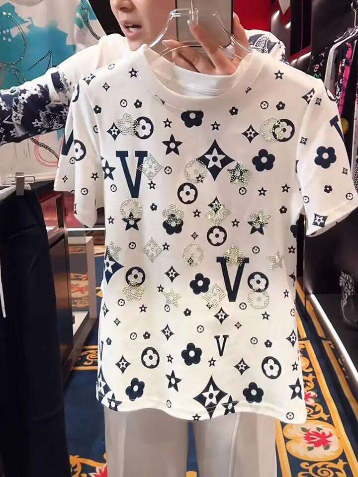 Luxury Diamond Geometry Designer Fashion Pattern Retro T Shirts White Cotton Summer Short Sleeve Tees Top High Street Fashion Women Niche Clothes