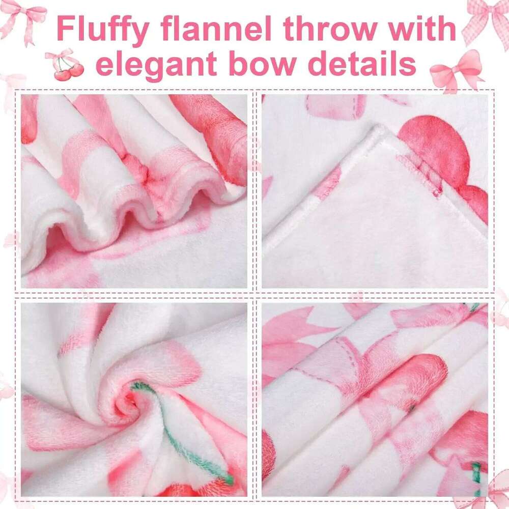 Pink Bow Throw Blanket Soft Flannel, Cute Bowknot Cherry Design, Preppy Girly Gift for Girls, Women, Teens XJ260112