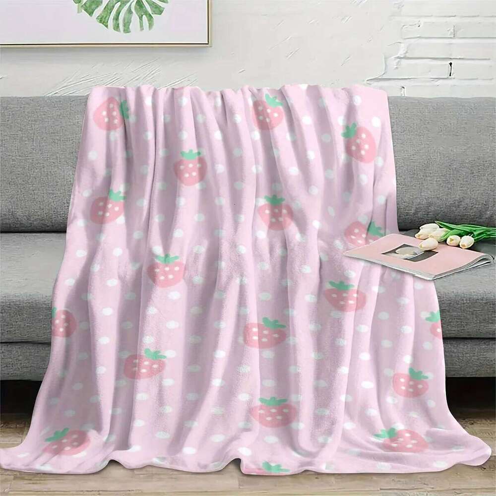 Pink Strawberry Print Flannel Blanket, Soft Warm Cozy Throw for Home Kitchen Sofa Camping Relaxation XJ260112