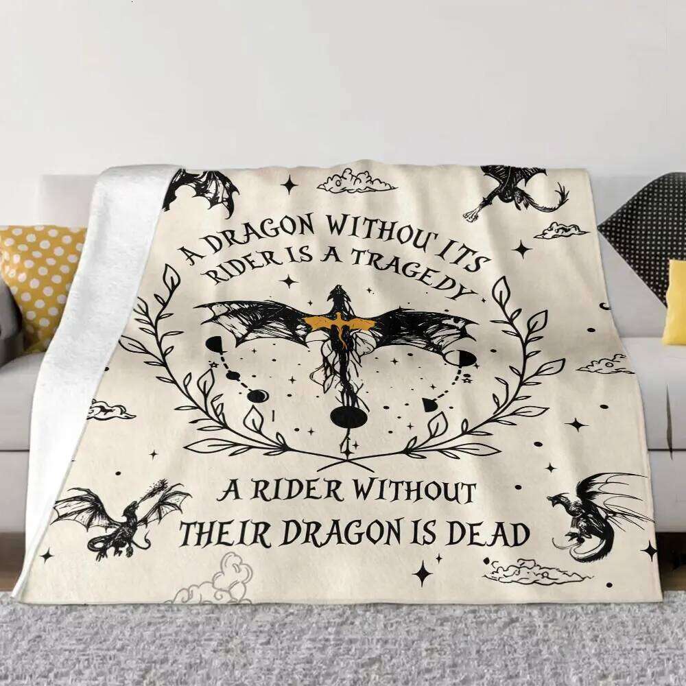 Dark Fantasy Dragon Wreath Throw Blanket - Beige Background with Stylized Black Dragon, Celestial Elements, and Heartfelt Quotes XJ260112