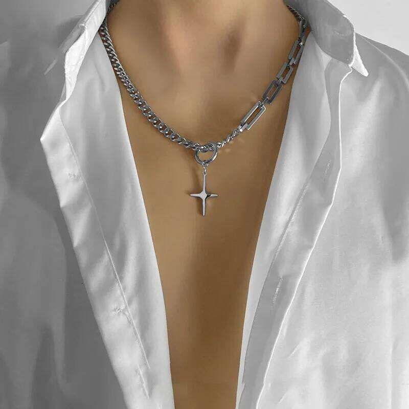 YQ 316L Stainless Steel Star Cross Pendant Chain Necklace For Men Goth Punk Style Jewelry Accessories H260112