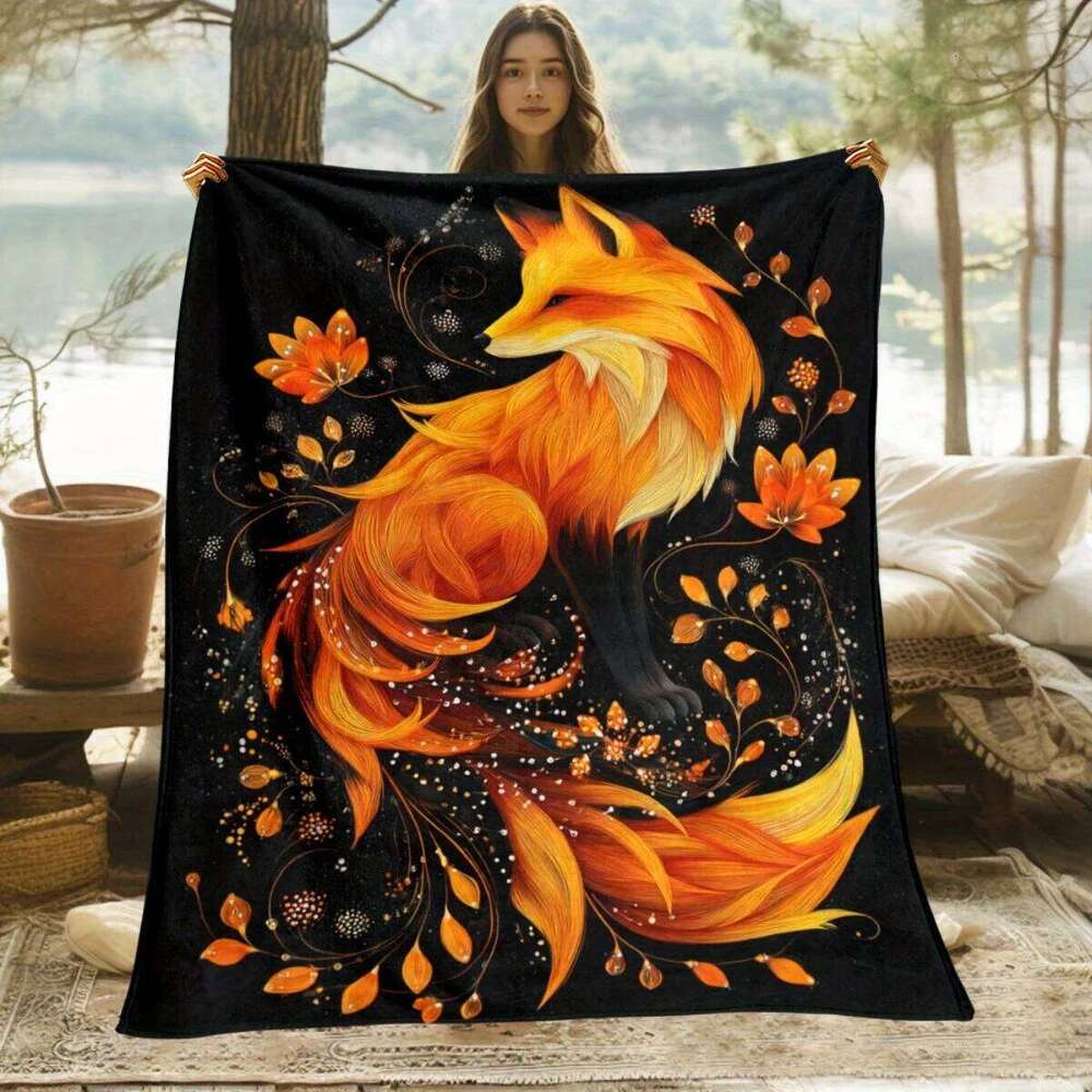 1pc Ultra-Soft Lightweight Flannel Blanket with Vibrant Orange Fox & Floral Design - Cozy Warm Throw for Camping, Travel, Home, XJ260112