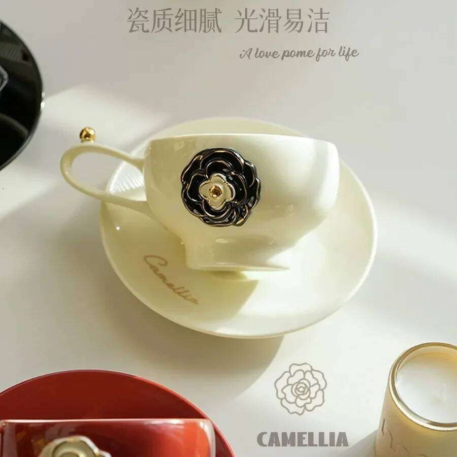 Camellia Ceramic Light Luxury Niche Premium Coffee Cup and Saucer Set Household Afternoon Tea Latte Cup 280ml