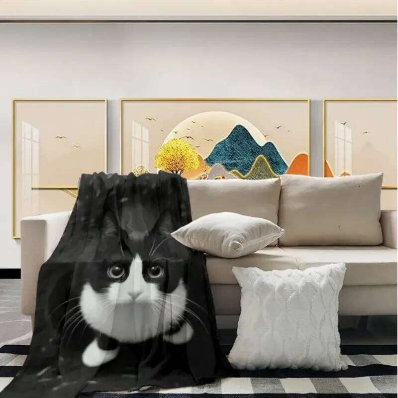 Black White Cat Blanket Suitable for Sofas, Beds, and Offices - Soft Flannel, Comfortable All Season XJ260112
