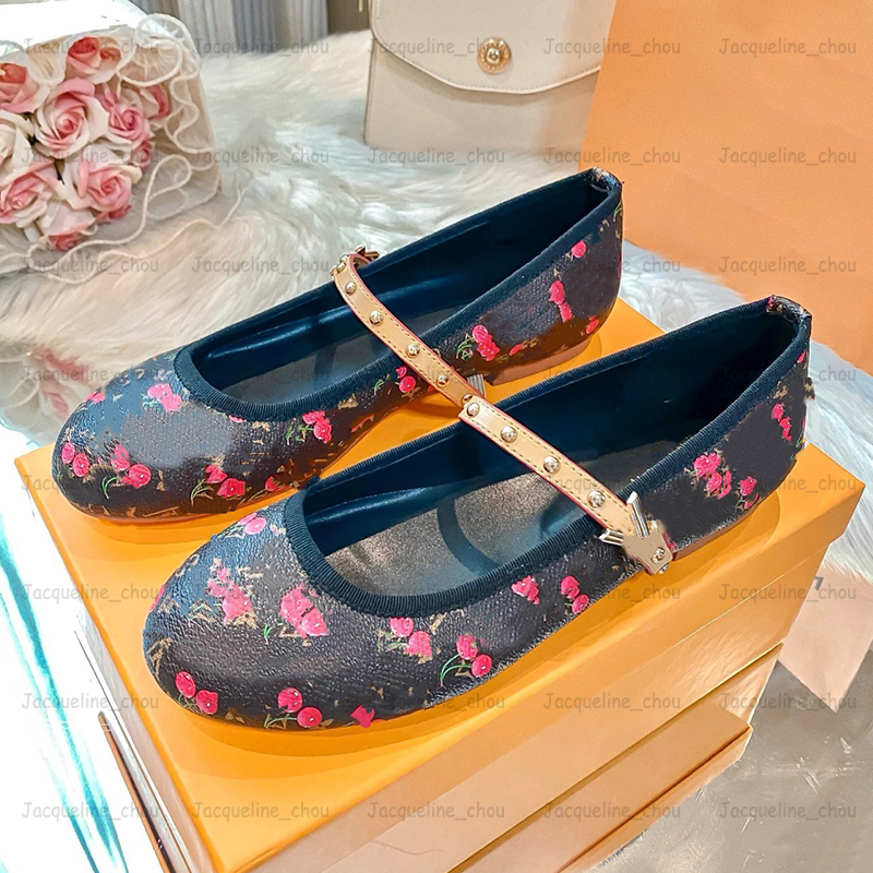 Fashionable Denim Women's Loafers Ballet Flats Classic Printing Round Toe Buckle Mary Jane Shoes Pink Cherry Genuine Leather Dress Shoes