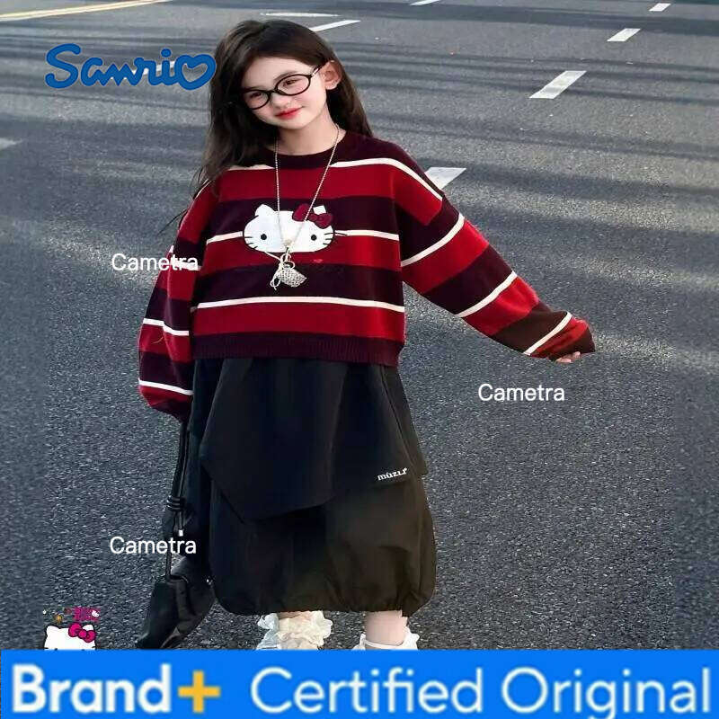 Sanrio Hello Kitty knitted Girls Kawaii Y2k Anime Children's Clothing Winter Oversized Child Casual Pullover Crew Neck top H260112