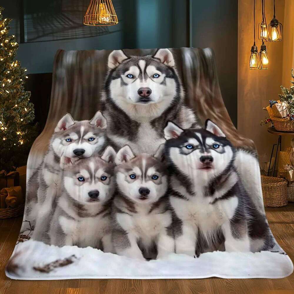 Husky Family Chiffon Blanket, Lightweight Portable Throw for Travel, Soft Warm Winter Design, All Season Cozy Home Decor XJ260112