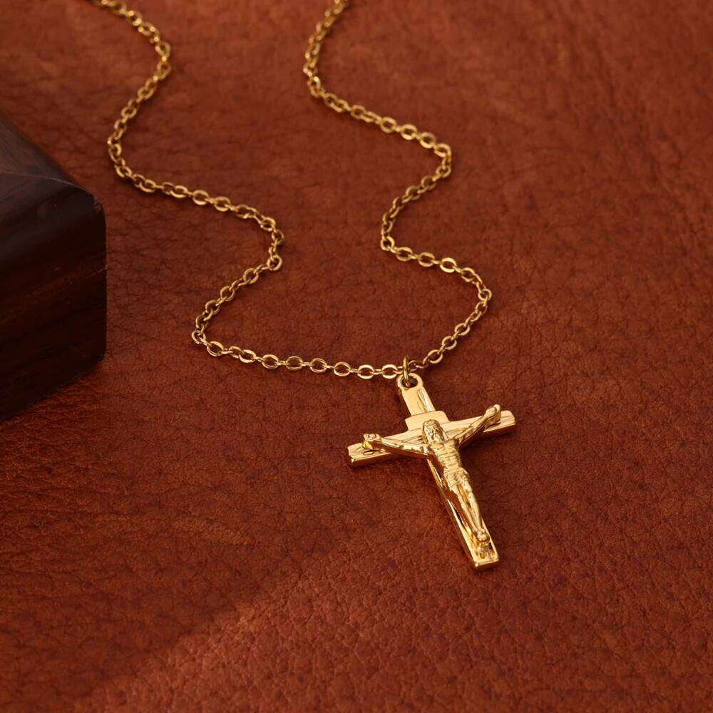 Stainless Steel Jesus Cross Necklace For Women Men Gold Color Caravaca Angels Crucifix Charm Choker Rapper Jewelry Hip Hop Gift H260112