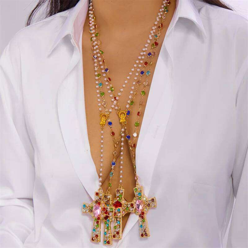 Vintage Water Drop Zircon Cross Pendant Necklace For Women Luxury Crystal Pink Red Rhinestone Long Tassel Choker Party Jewelry H260112