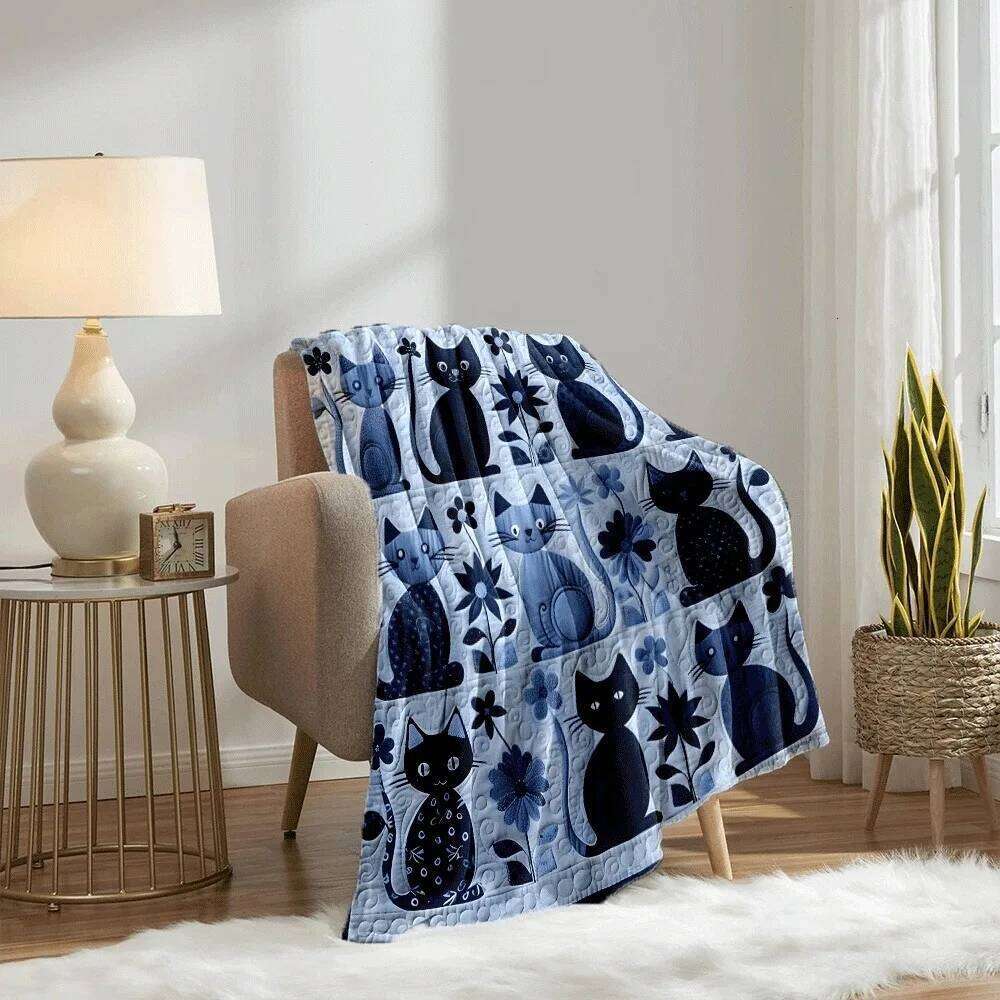 Cute Blue Floral Pattern Quilted Camping Travel Sofa Bed Cozy Warm Throw Blanket for Cat Lovers Home Decor Gift XJ260112