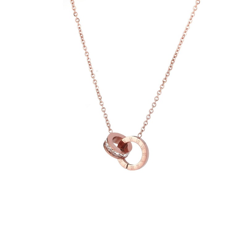 Women's Roman Numeral Double Circle Cubic Zirconia Titanium Steel Necklace Dainty Light Luxury Clavicle Chain Trendy Fashion Jewelry