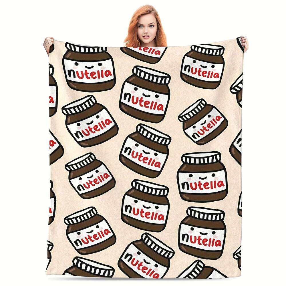 Cartoon Nutella Flannel Blanket - Hazelnut Spread Soft Tear-Resistant | All-Season Home Decor & Playful Gift XJ260112