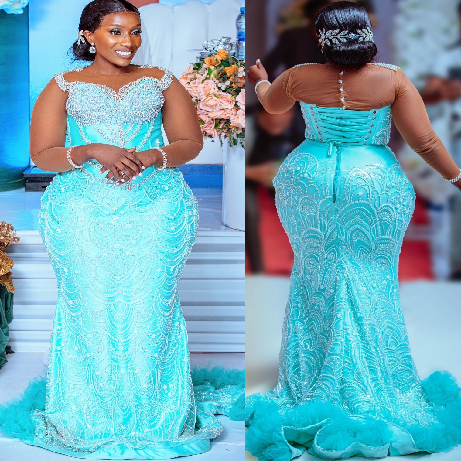 Aso Ebi Sky Blue Mermaid Prom Dresses 2026 Beaded Crystals Full Sleeves Evening Formal Party Second Birthday Engagement Gowns Dress For Special Occasi