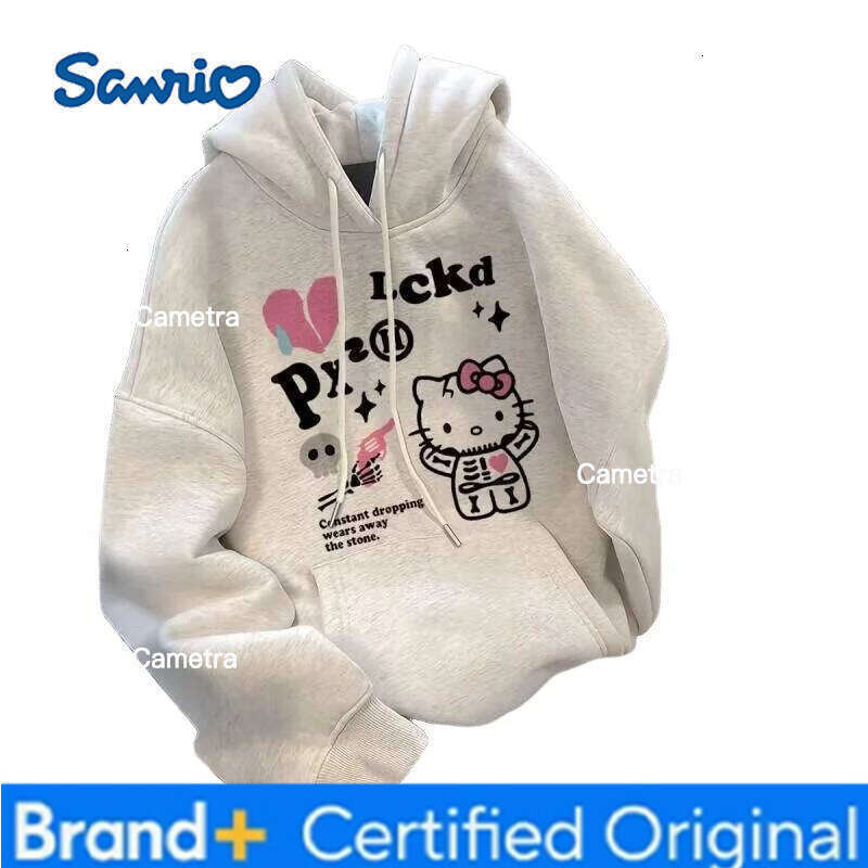 Sanrio Hello Kitty Hoodie Hong Kong Style Print Loose Fit Versatile Women's Autumn Winter Casual Trendy Fleece Sweatshirt H260112